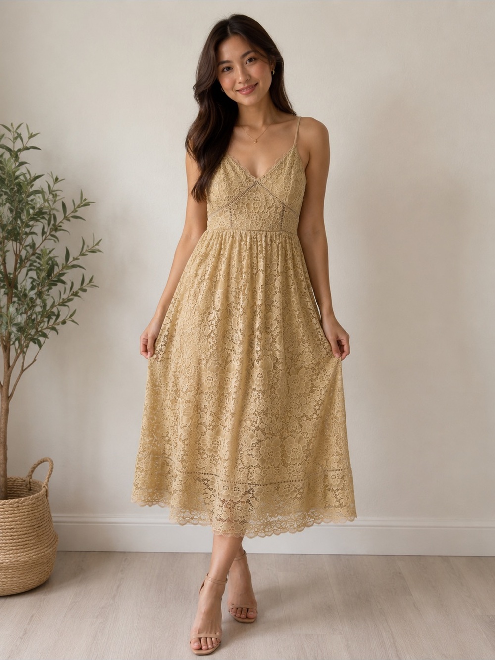NSR Women’s Beige Lace Midi Dress with Spaghetti Straps Size Medium